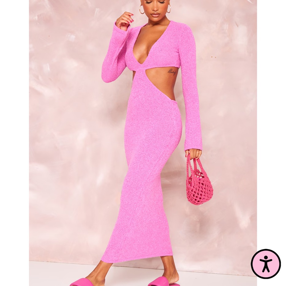Fuchsia Bobble Knit Long Sleeve Cut Out Maxi Dress